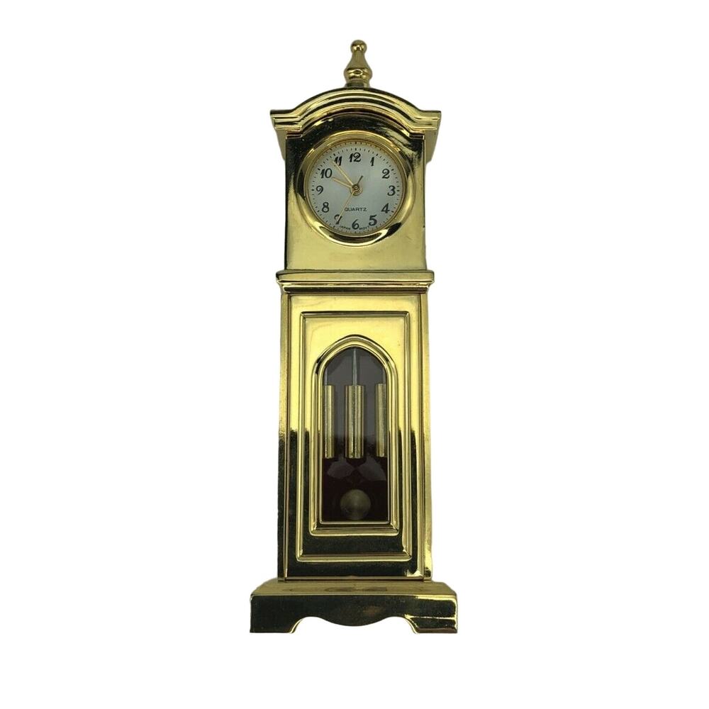 Dollhouse miniatures Grandfather Clock, heavy, gold metal, needs battery, used